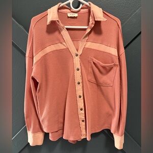 Umgee Two Toned Waffle Button Down Top